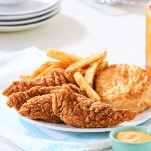 Bojangles crispy chicken tenders with fries and a biscuit